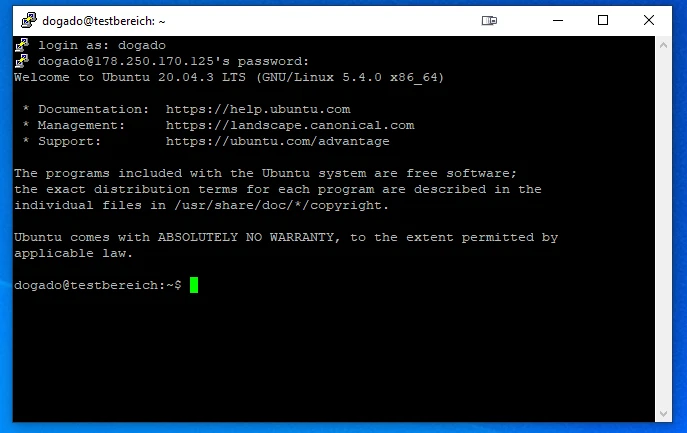 Windows-Terminal mit schwarzem Hintergrund zeigt Ubuntu-Willkommensbildschirm und Prompt 'dogado@testbereich:~$'.