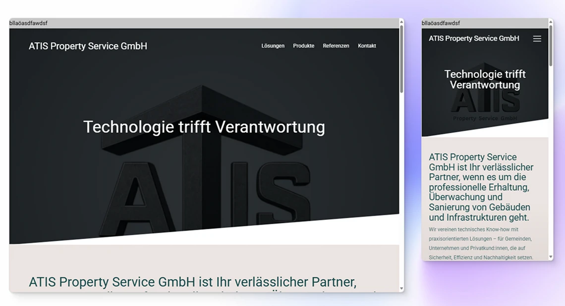 Webseite der ATIS Property Service GmbH mit dem Slogan 'Technologie trifft Verantwortung' vor dunklem Hintergrund.