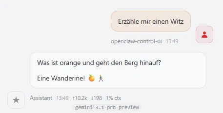Zwei Sprechblasen: peachfarbene Blase 'Erzähle mir einen Witz', Blase 'Was ist orange und geht den Berg hinauf? Eine Wanderin'