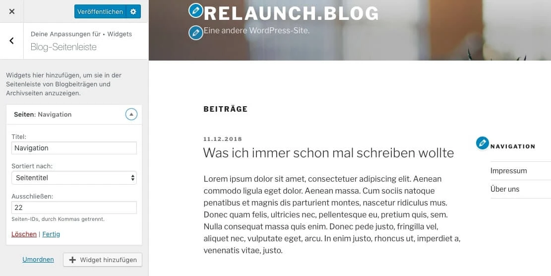 Die Vorschau des Widgets wird automatisch aktualisiert