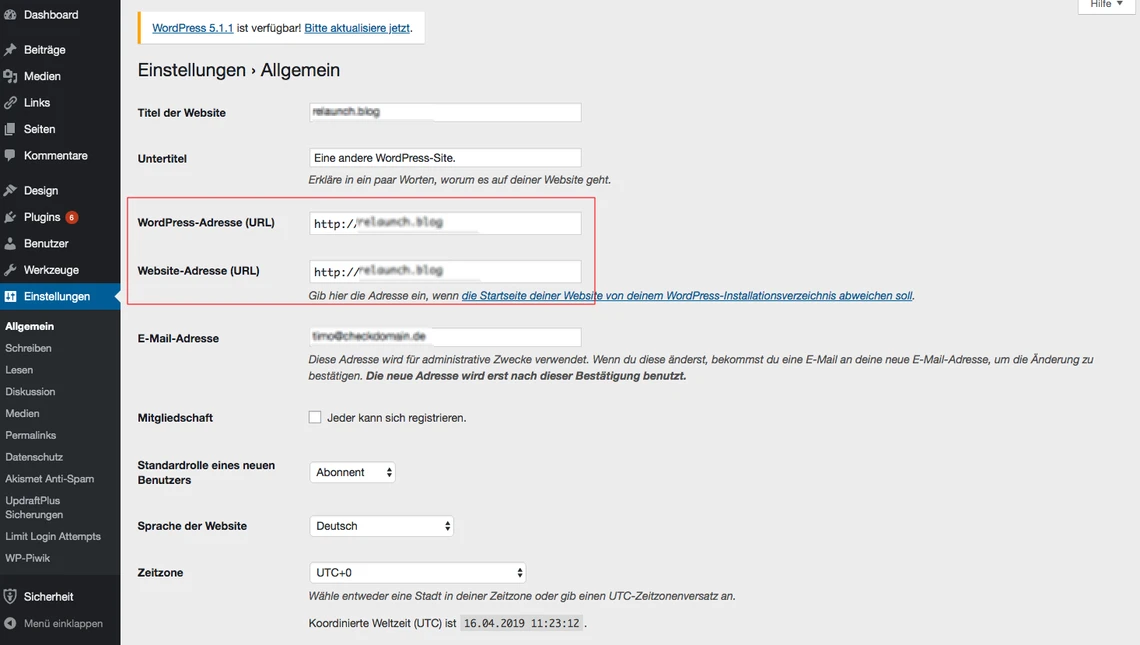 Screenshot der WordPress-Admin-Seite Allgemein: linkes Menü, Felder für Titel, Untertitel, URLs und Sprache.