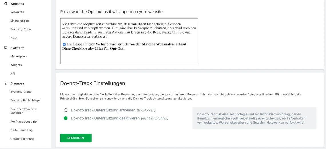 iFrame Code-Voransicht für Opt-Out und Do-not-Track-Einstellungen