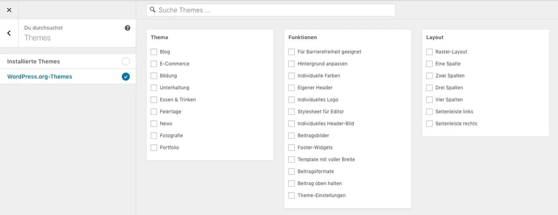 Filtermöglichkeiten der Theme-Auswahl