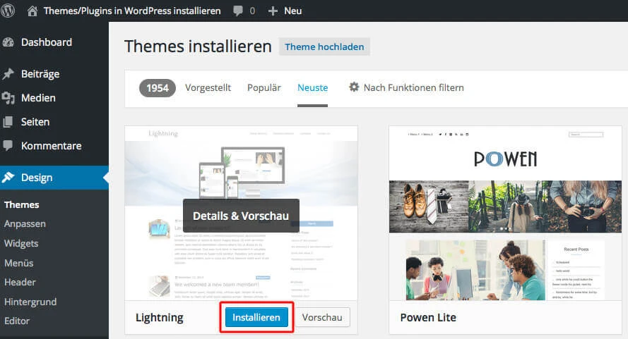 Auswahl des WordPress-Themes Screenshot WordPress Backend