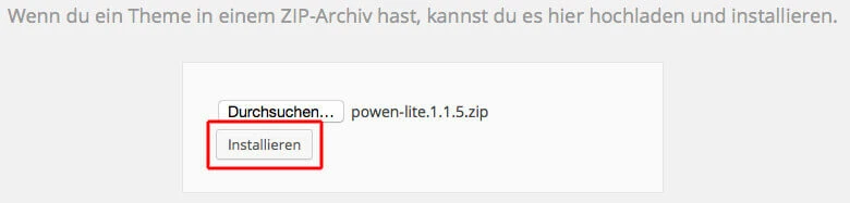 Theme Installation in WordPress starten Screenshot WordPress-Backend