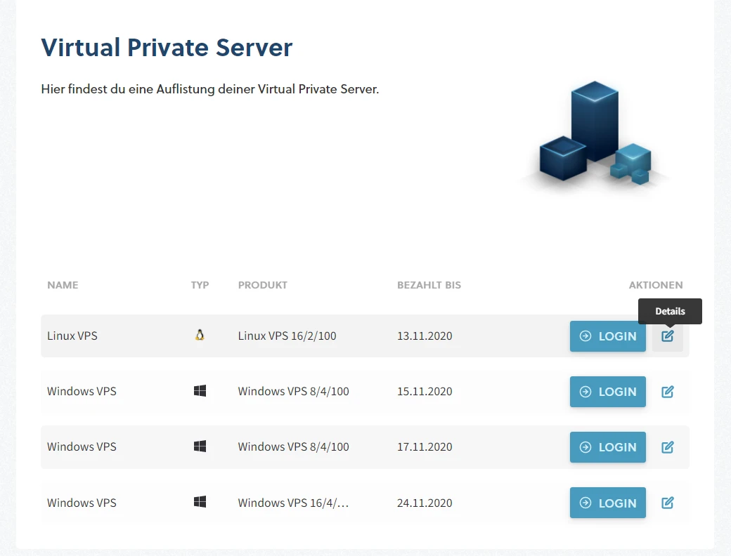Screenshot einer Weboberfläche mit Virtual Private Server; Tabelle mit Linux VPS und Windows VPS, Login-Buttons.