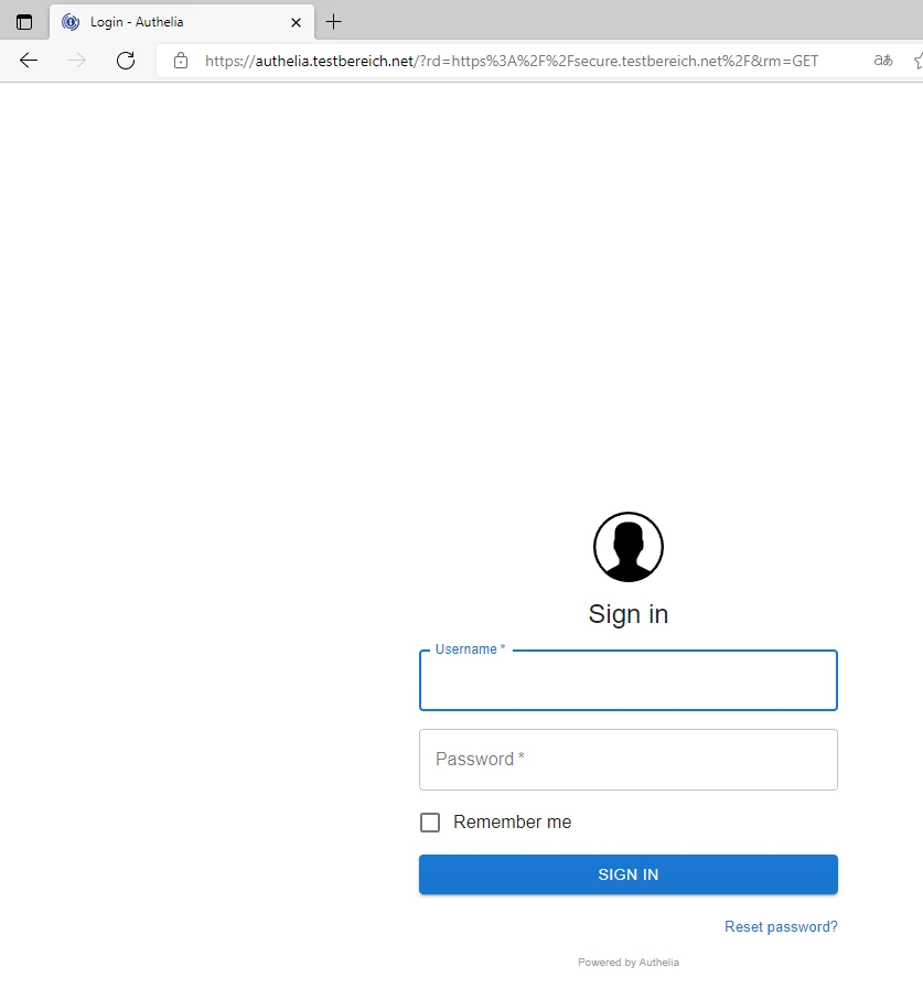 Login-Seite mit rundem Benutzer-Symbol, Sign in, Felder Username und Password, Remember me, SIGN IN-Button, Reset password?