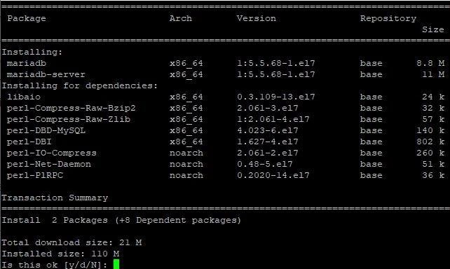 Terminalfenster zeigt Installationsliste: Pakete (MariaDB und Abhängigkeiten), x86_64, Versionen, Größen; Bestätigungsabfrage.