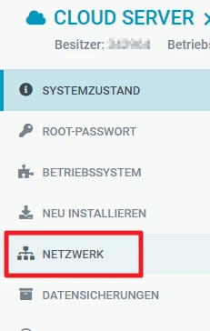 Cloud-Server-Verwaltung: Linke Seitenleiste mit SYSTEMZUSTAND, ROOT-PASSWORD, BETRIEBSSYSTEM, NEU INSTALLIEREN, NETZWERK (blau).