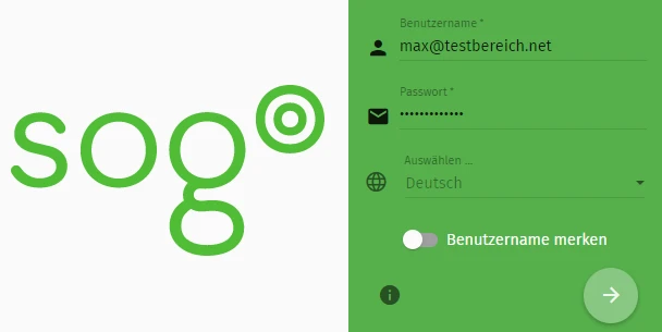 Linke Hälfte: grünes Sogo-Logo auf weiß. Rechte Hälfte: grünes Login-Fenster mit Feldern Benutzername, Passwort, Deutsch.