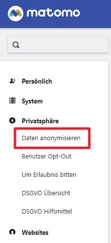 Matomo-Logo oben, Suchfeld darunter; linkes Menü mit Einträgen, hervorgehoben 'Daten anonymisieren' in roter Umrandung.