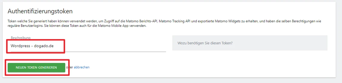 Screenshot einer Token-Verwaltungsseite: Eingabefeld mit 'Wordpress - dogado.de' und grünem Button.