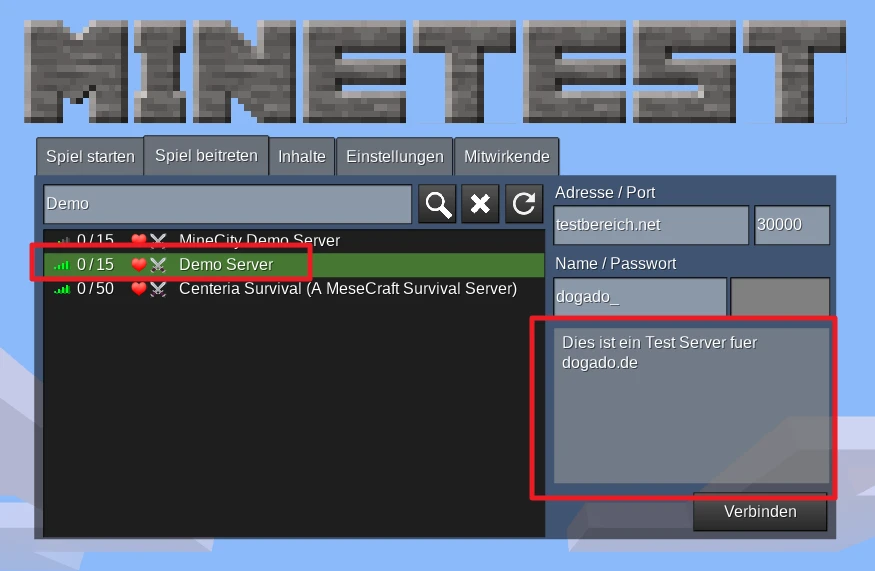 Minecraft-Server-Launcher mit MINEFEST-Logo, linker Serverliste, rechter Adresse/Port-Eingabefeld.
