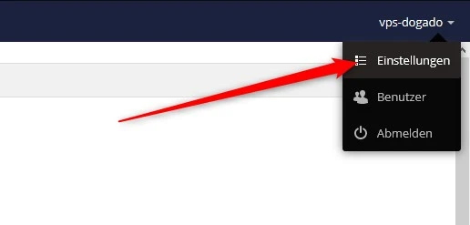 Oben rechts: offenes Dropdown-Menü mit drei Einträgen 'Einstellungen', 'Benutzer', 'Abmelden'.