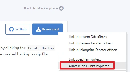 Screenshot einer Webseite mit GitHub- und Download-Button; Kontextmenü zeigt 'Adresse des Links kopieren'