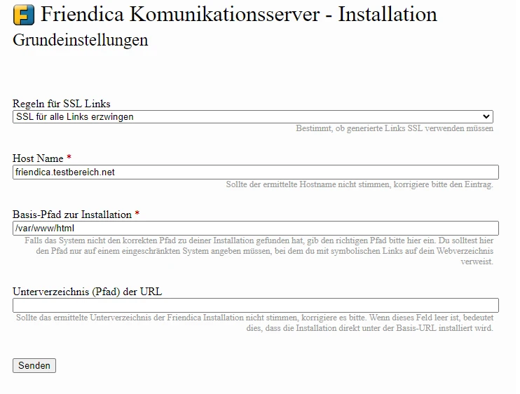 Screenshot einer Installationsseite mit Feldern für SSL-Regeln, Host-Name, Basis-Pfad, Unterverzeichnis und Senden.