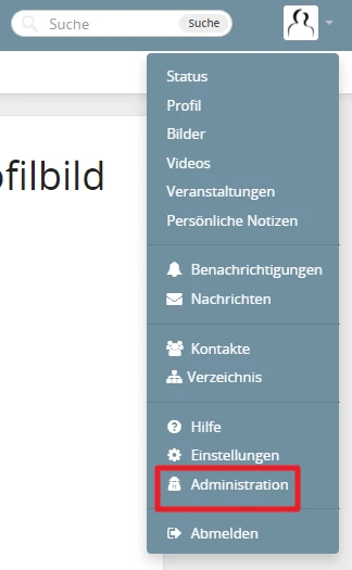 Blaues Dropdown-Menü unter Profil mit Einträgen wie Status, Profil, Bilder, Nachrichten, Administration; Suchleiste oben.