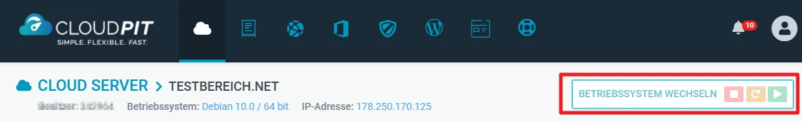 Web-Verwaltungsoberfläche (blau) mit Icons links, CLOUD SERVER / TESTBEREICH.NET, rechts Panel 'Betriebssystem wechseln'.