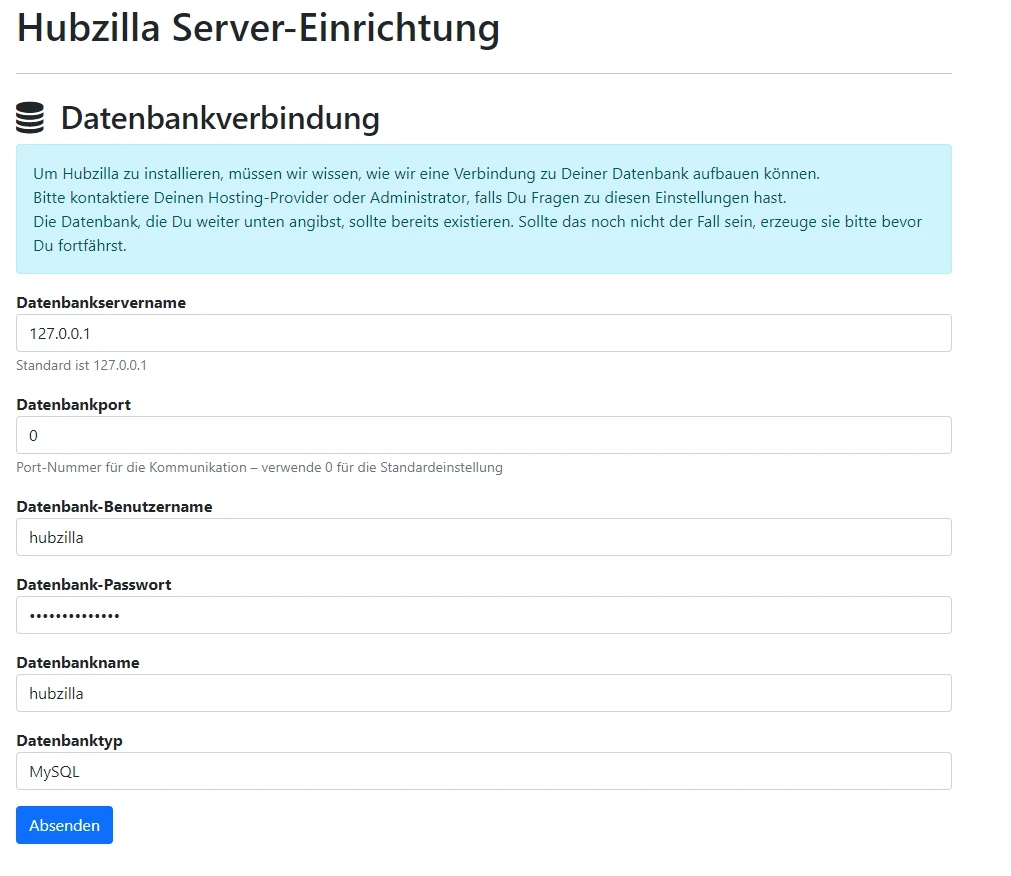 Hubzilla-Server-Einrichtung: Formular zur DB-Verbindung (127.0.0.1, Port 0, Benutzer hubzilla, DB-Name hubzilla, Typ MySQL).