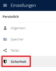 Einstellungsseite mit blauem Kopfbereich; links Persönlich mit Allgemein, Speicher, Teilen, Sicherheit (roter Rahmen).
