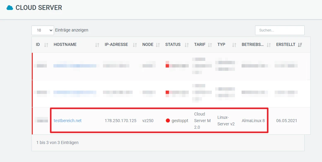 Screenshot einer Cloud-Server-Verwaltungsoberfläche; Tabelle mit Hostname, IP und Status; rote Markierung einer Zeile.