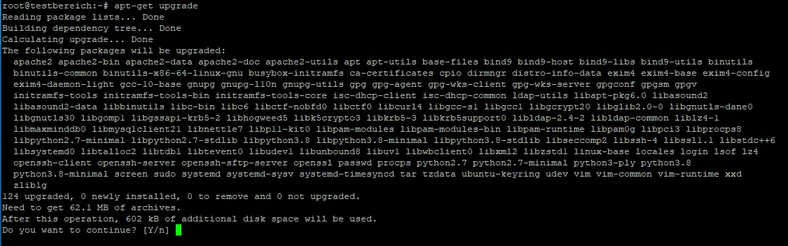 Schwarzes Terminalfenster mit weißem Text, zeigt den Befehl apt-get upgrade und die Ausgaben.