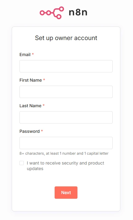 Weißes Formularfenster mit 'Set up owner account'; Felder Email, First Name, Last Name, Password; Checkbox; roter Next-Button