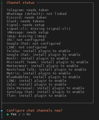 Terminal 'Channel status' mit Telegram: needs token; WhatsApp: not linked; unten: Configure chat channels now? Yes/No.