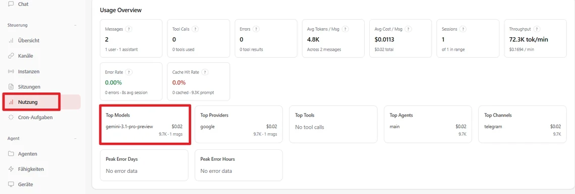Linke Seitenleiste mit 'Nutzung' markiert; 'Usage Overview' KPI-Karten, darunter 'Top Models' (rote Umrandung).