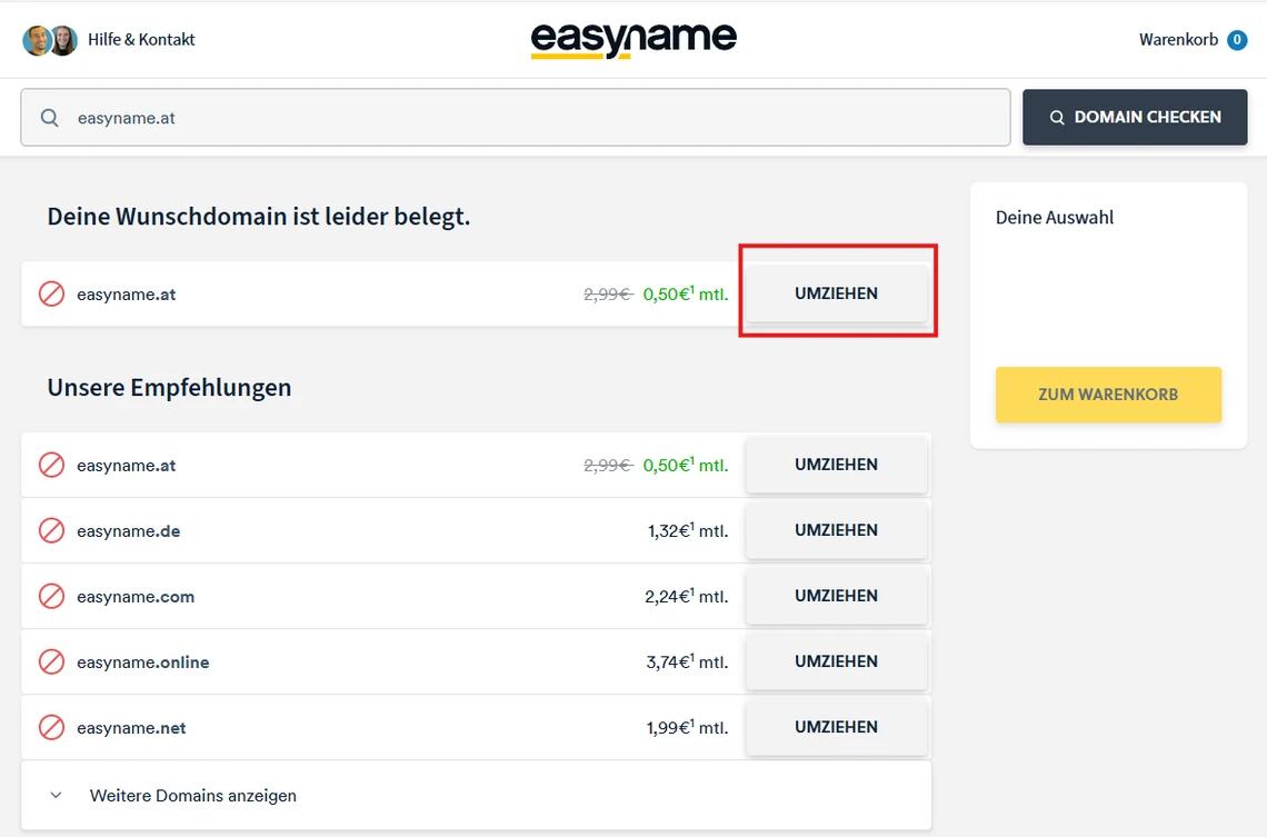 Screenshot der easyname-Website: Logo, Suchleiste, Belegt-Meldung, Liste von Domains mit Preisen und UMZIEHEN-Buttons.