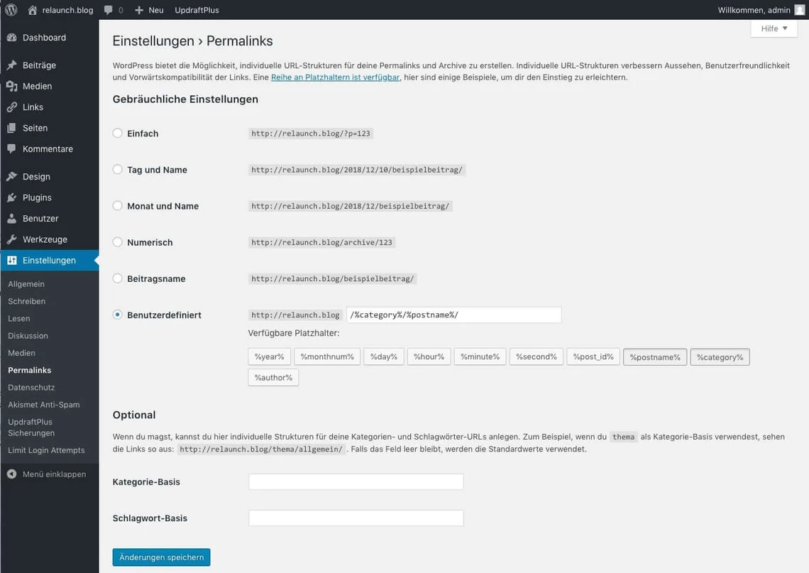 Einstellungen für die Linkstruktur in WordPress