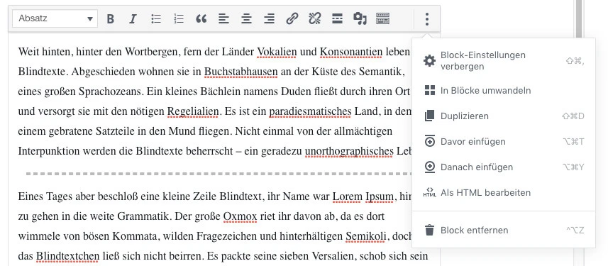 Screenshot eines Texteditors mit Toolbar; ein Block zeigt deutschen Blindtext über Vokale und Konsonanten.