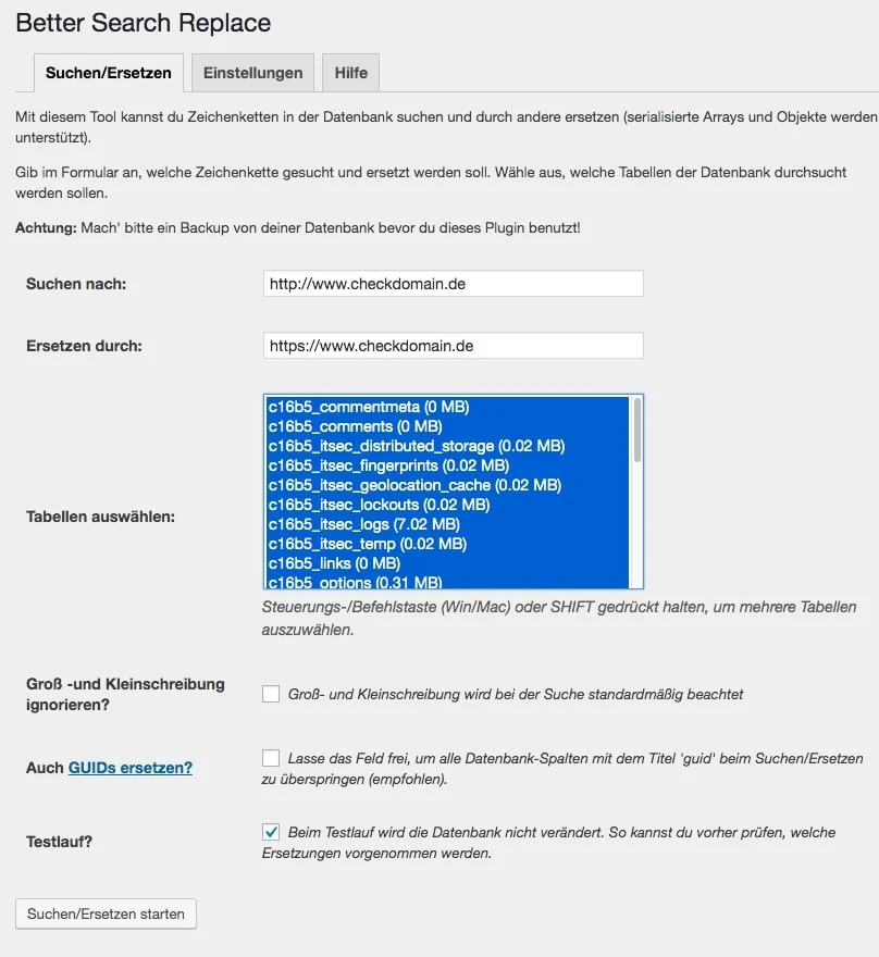 Screenshot der Plug-in-Oberfläche 'Better Search Replace' mit Feldern 'Suchen nach' und 'Ersetzen durch', Tabellenliste.
