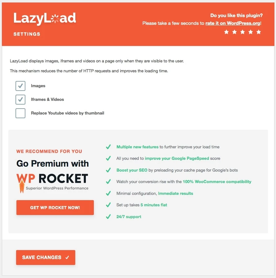 LazyLoad Konfigurationsmenü
