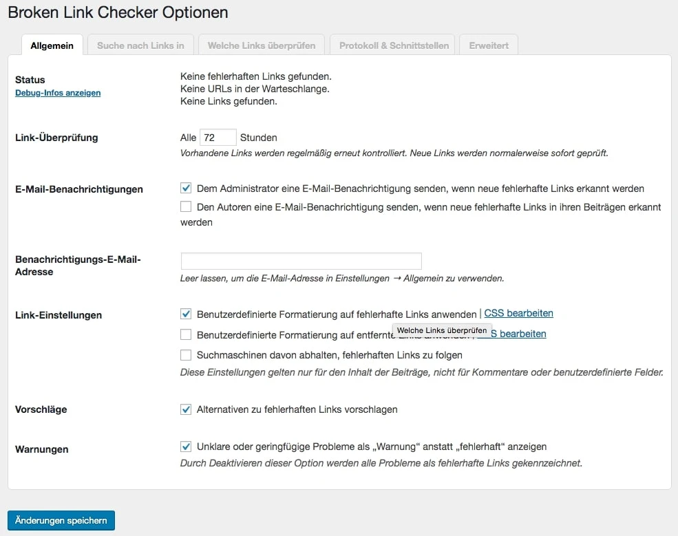 Konfigurationsmenü vom Broken Link Checker