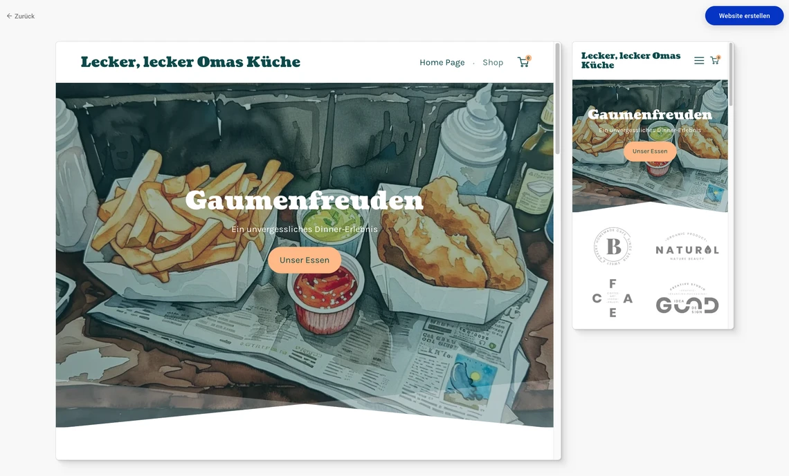 Screenshot einer Webseite mit Pommes in Kartons, Saucebecher auf Zeitungspapier; Overlaytext Gaumenfreuden.