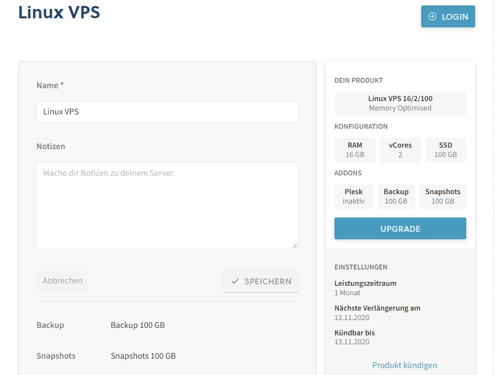 Web-Admin-Oberfläche: Formular mit Name und Notizen; rechts Linux-VPS mit 16 GB RAM, 2 vCores, 100 GB SSD.