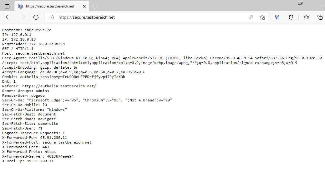 Browserfenster zeigt HTTP-Header als Text; URL https://secure.testbereich.net, HTTP/1.1 200 OK.
