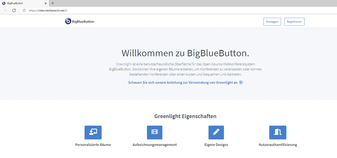 Screenshot eines Browserfensters mit der Überschrift 'Willkommen zu BigBlueButton' und vier Icons mit Beschriftungen unten.