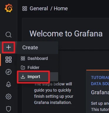 Grafana-Oberfläche im Dunkelmodus; linke Seitenleiste mit Plus-Symbol, Dropdown 'Create' mit Dashboard, Folder, Import.