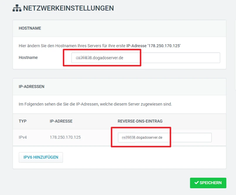 Netzwerkeinstellungen: Hostname-Feld, IPv4 178.250.170.125, Reverse-DNS-Eintrag; Speichern-Button.