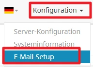 UI-Dropdown mit deutscher Flagge; Button 'Konfiguration' geöffnet, Einträge: Server-Konfiguration, E-Mail-Setup.
