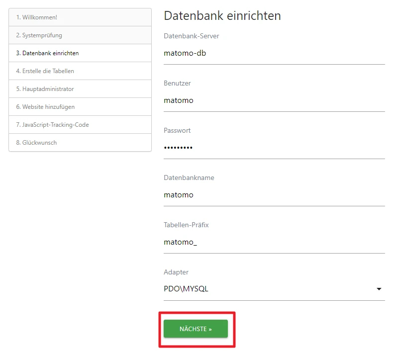 Seite 'Datenbank einrichten' mit Feldern für Server, Benutzer, Datenbankname, Passwort; Adapter; 'NÄCHSTE' Button.