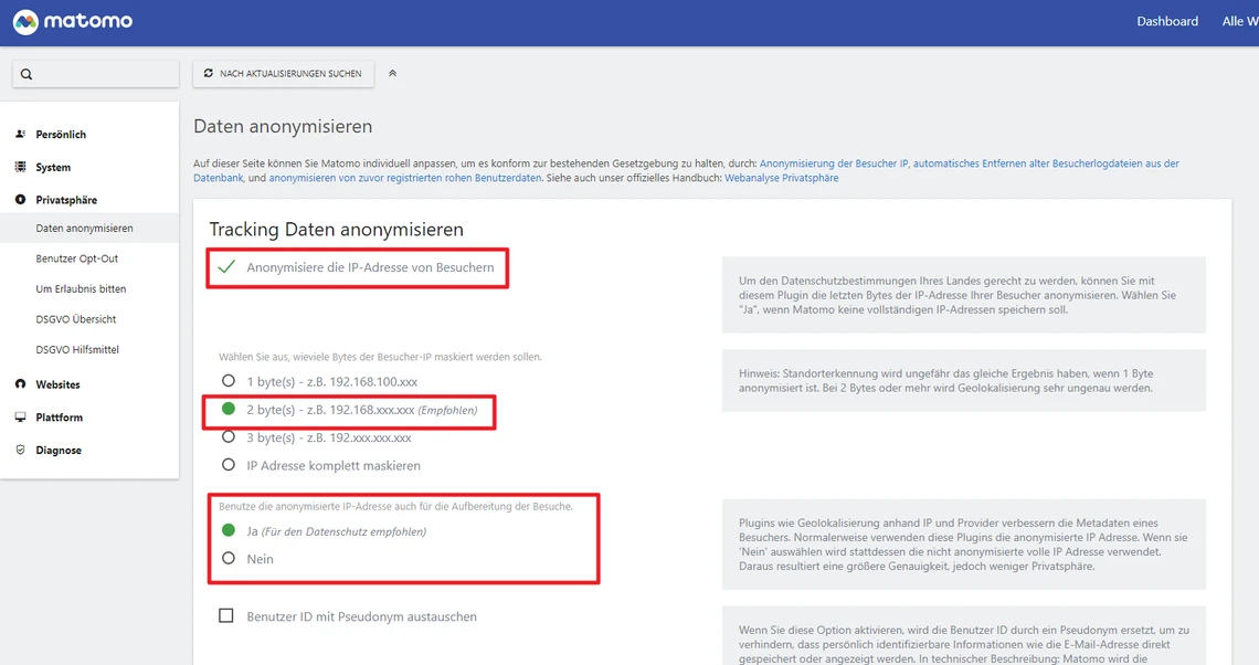 Matomo-Datenschutz: Hauptbereich 'Daten anonymisieren' mit Checkboxen; Text 'Anonymisieren der IP-Adresse von Besuchern'.