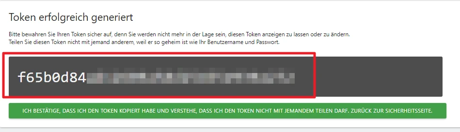 Bildschirm zeigt Token erfolgreich generiert, darunter ein Tokenfeld mit f65b0d84 und eine grüne Bestätigung.