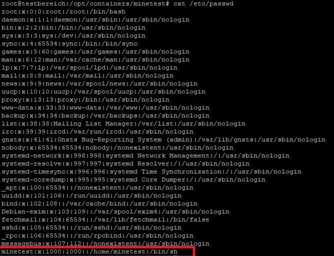 Terminalanzeige von /etc/passwd mit mehreren Nutzern, darunter root und minetest (/home/minetest, /bin/sh).
