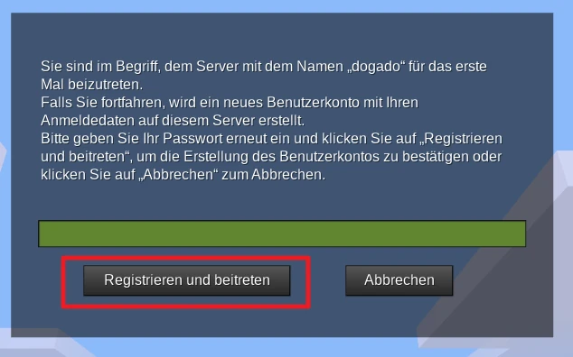 Dialogfenster auf blauem Hintergrund mit weißem Text, grünem Balken und zwei Buttons: Registrieren und beitreten, Abbrechen.
