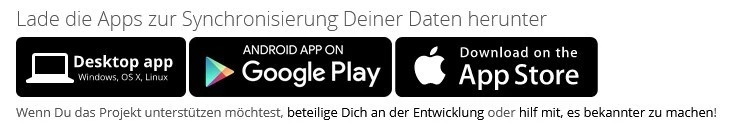 Banner mit Text 'Lade die Apps zur Synchronisierung Deiner Daten herunter' und Desktop-, Google Play- und App Store-Logos.