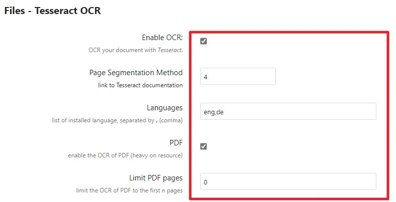 Screenshot eines OCR-Fensters: Enable OCR, PDF aktiviert; Sprachen eng/de; Page Segmentation 4; Limit PDF pages 0.
