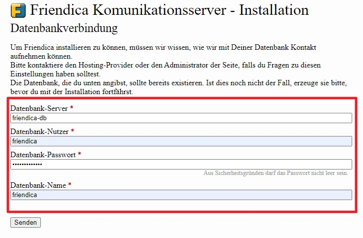 Screenshot einer Installationsseite mit roter Umrandung; Formular: Datenbank-Server, Nutzer, Passwort, Name; Senden-Button.
